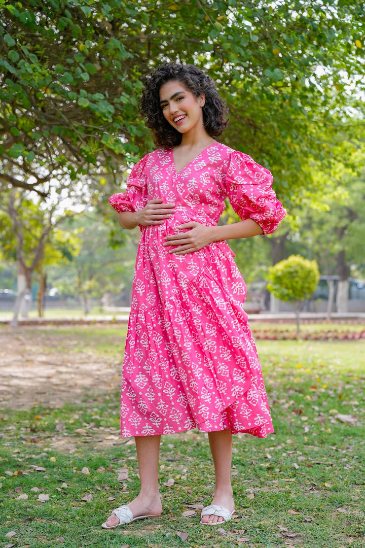 Winsome Baby Pink Maternity & Nursing Frill Wrap Dress (100% Cotton) momzjoy.com