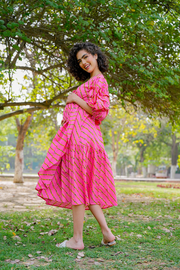 Appealing Pink Blush Maternity & Nursing Frill Wrap Dress (100% Cotton) momzjoy.com