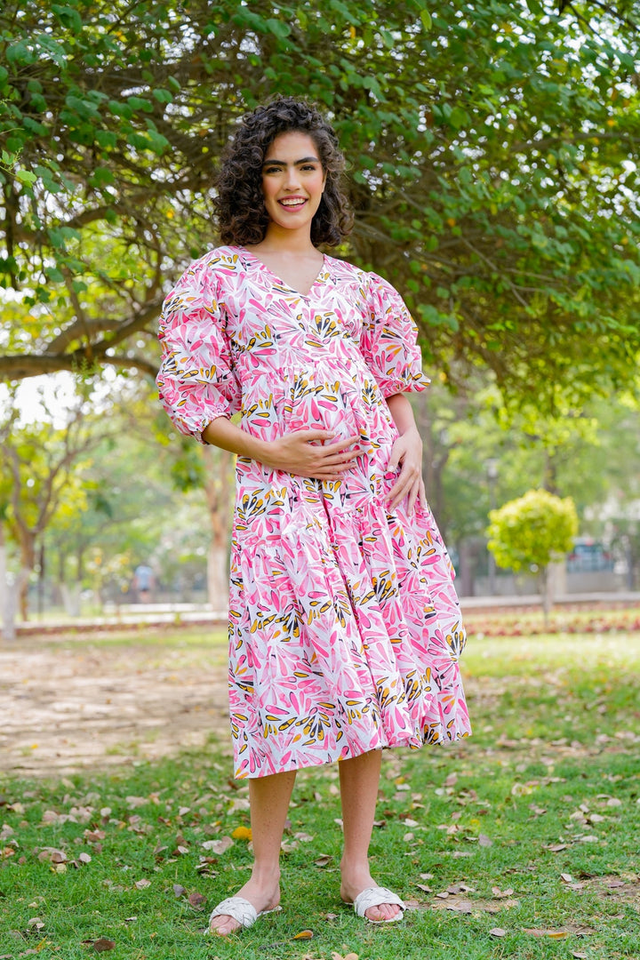 Pleasing Ivory Pinky Blossom Maternity & Nursing Frill Wrap Dress (100% Cotton) momzjoy.com
