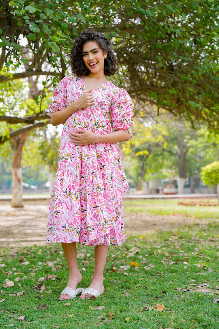 Pleasing Ivory Pinky Blossom Maternity & Nursing Frill Wrap Dress (100% Cotton) momzjoy.com