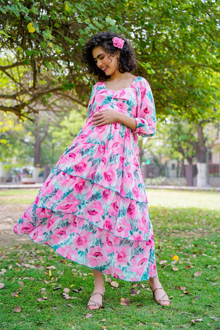 Cheery Flower Pop Blossom Pink Maternity Layered Dress momzjoy.com