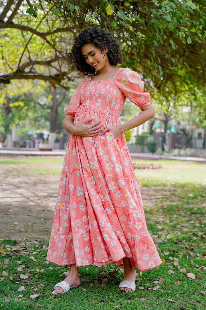 Graceful Apricot Floral Maternity Layered Dress (100% Cotton) momzjoy.com