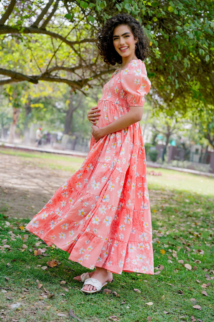 Graceful Apricot Floral Maternity Layered Dress (100% Cotton) momzjoy.com