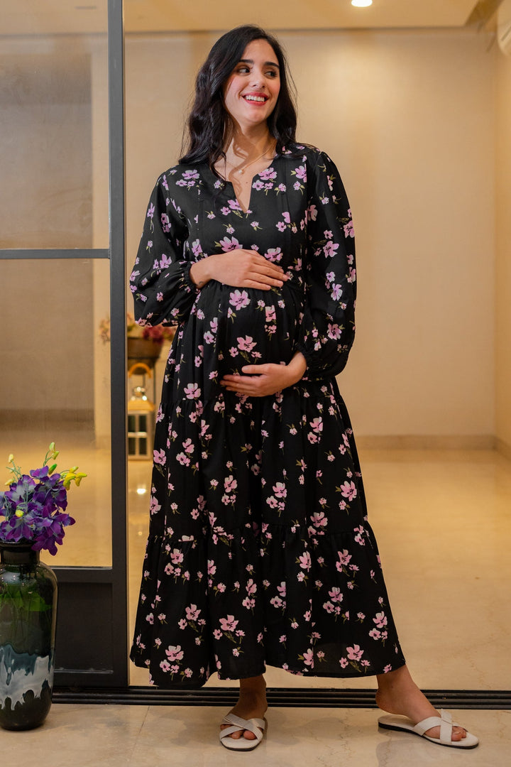 Eden Classic Black Bloom Maternity & Nursing Layered Dress MOMZJOY.COM