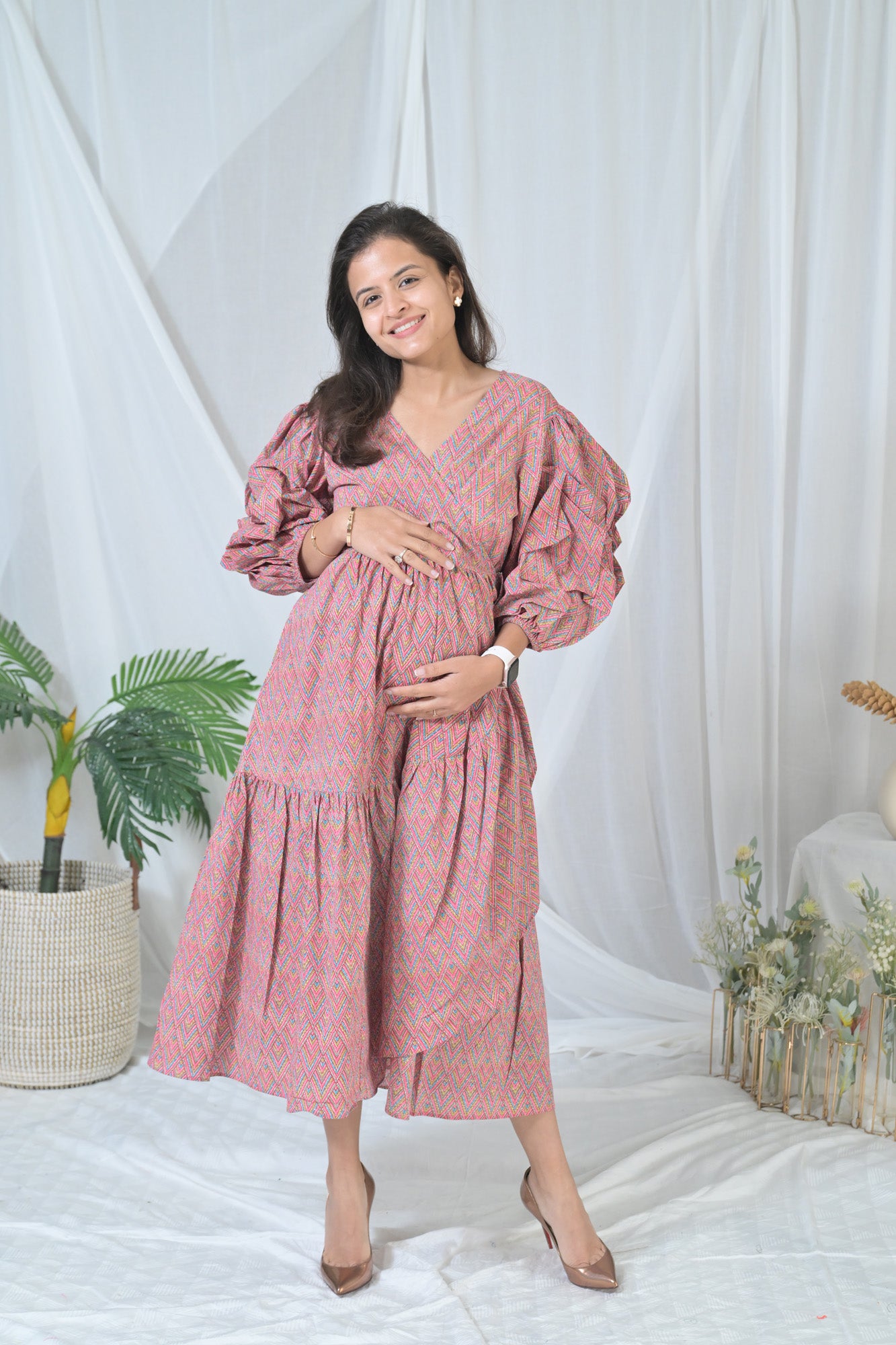 Nautical Pink Maternity Nursing Frill Wrap Dress (100% Cotton