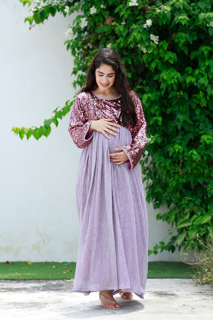 Luxe Sparkling Lavender Maternity & Nursing Dress momzjoy.com