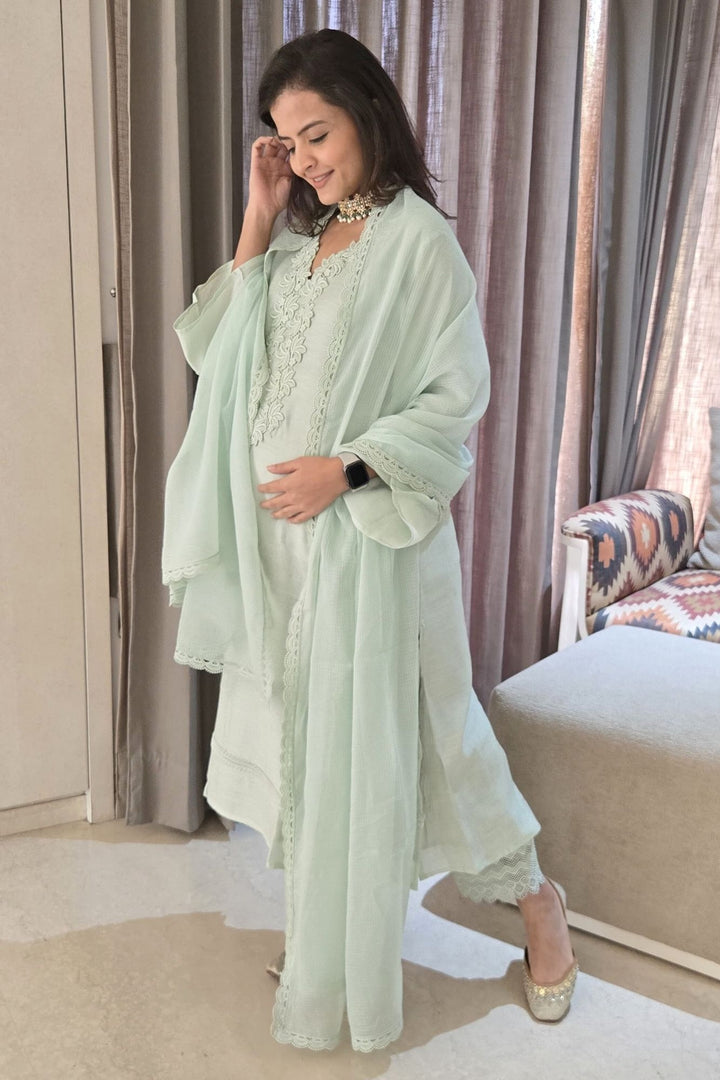 Light Green Maternity & Nursing Kurta + Bottom + Dupatta (3 Pc) momzjoy.com