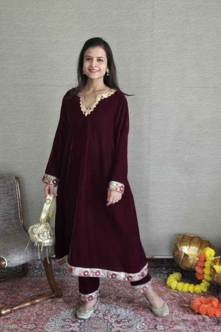 Classic Deep Berry Velvet Maternity Kurta Set (2 Pc) momzjoy.com