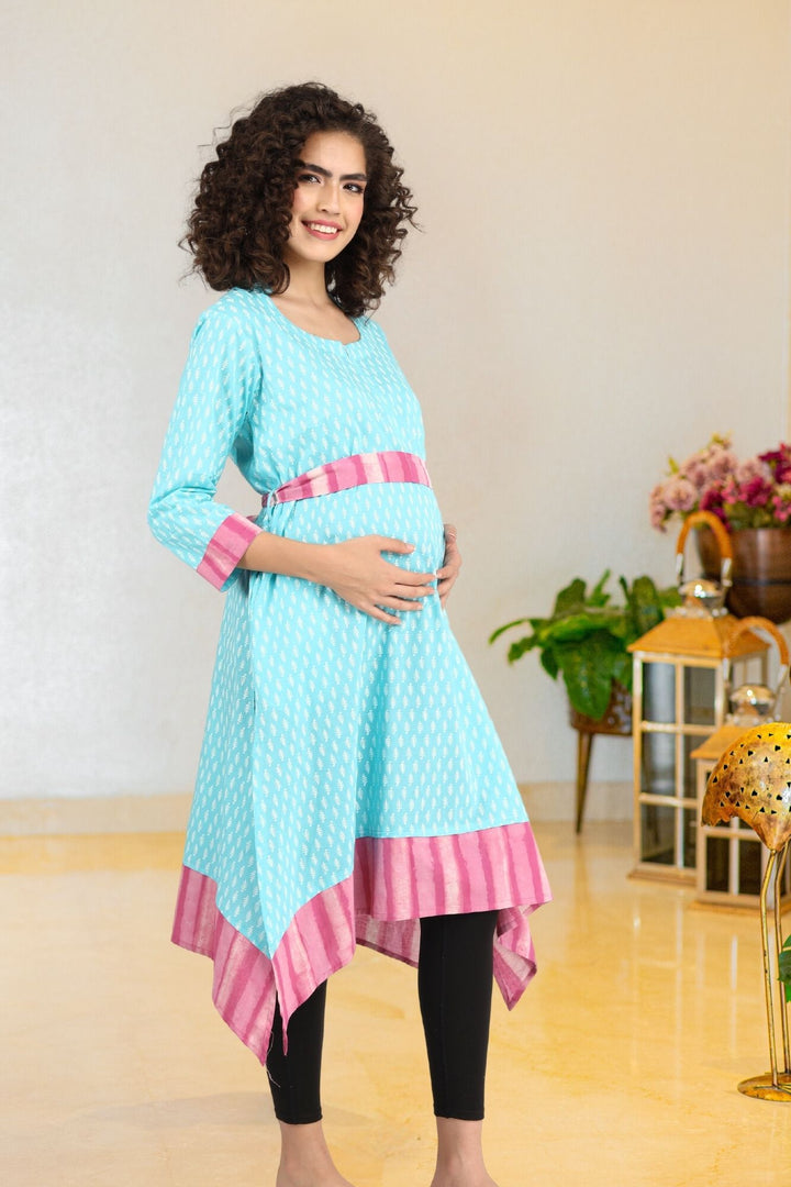 Turquoise Front Zip Nursing Kurta (100% Cotton) MOMZJOY.COM