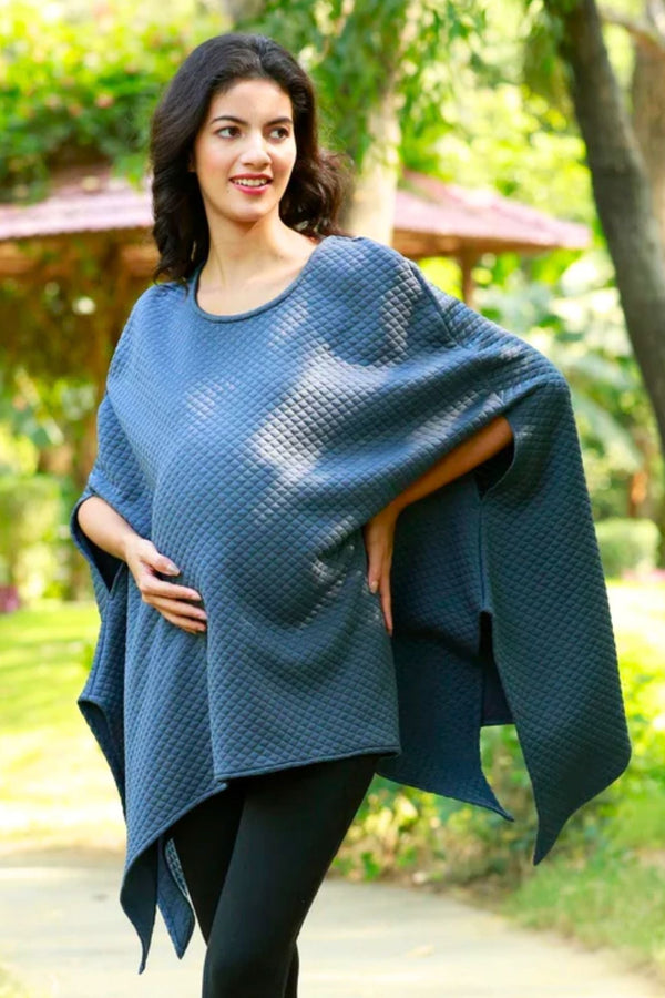 Vintage Smokey Grey Quilted Maternity Wool Poncho MOMZJOY.COM