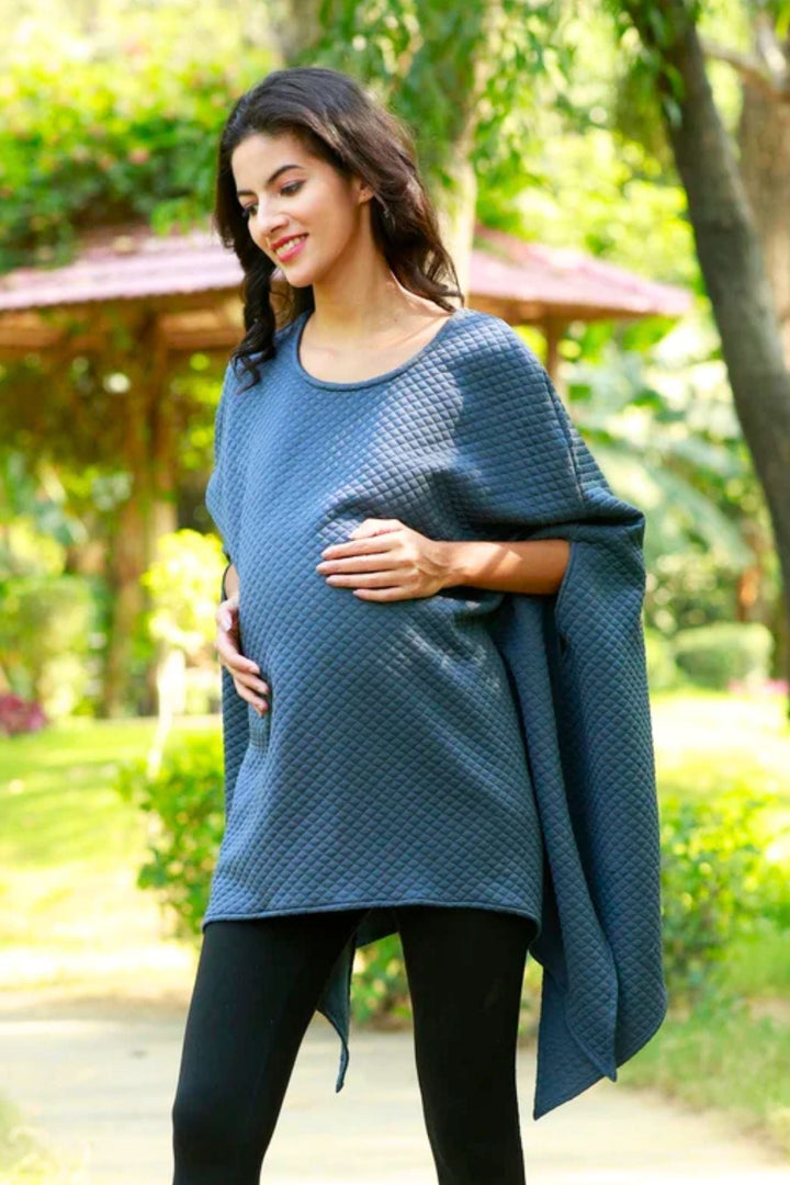 Vintage Smokey Grey Quilted Maternity Wool Poncho MOMZJOY.COM