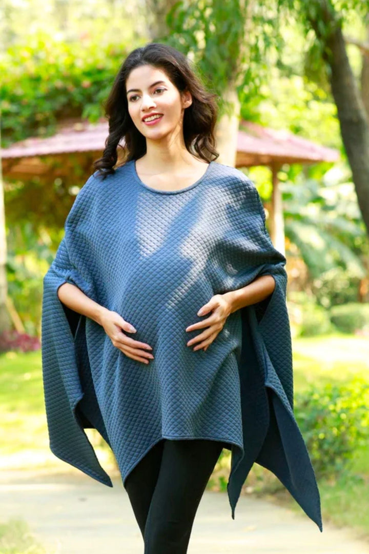 Vintage Smokey Grey Quilted Maternity Wool Poncho MOMZJOY.COM