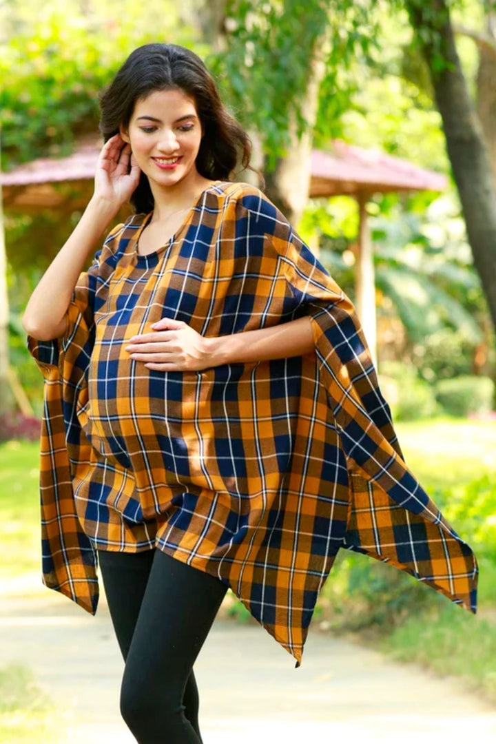 Blue Bronze Plaid Maternity Poncho MOMZJOY.COM