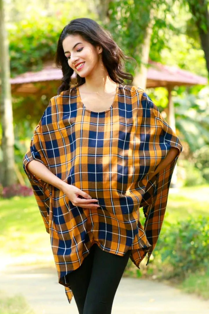 Blue Bronze Plaid Maternity Poncho MOMZJOY.COM