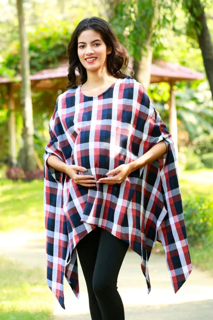 Blue Berry Red Plaid Maternity Poncho MOMZJOY.COM