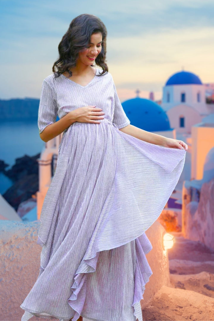 Classic Lilac Shimmer Maternity & Nursing Flow Dress momzjoy.com
