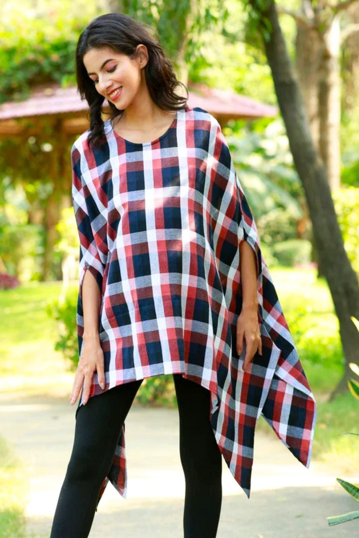 Blue Berry Red Plaid Maternity Poncho MOMZJOY.COM