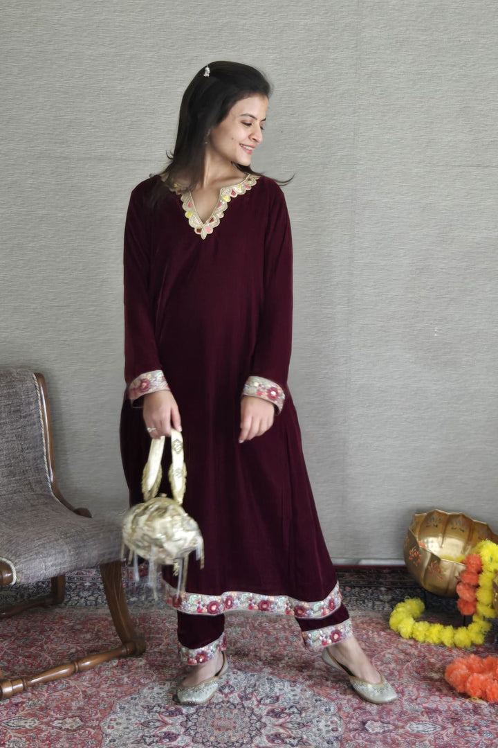 Classic Deep Berry Velvet Maternity Kurta Set (2 Pc) momzjoy.com