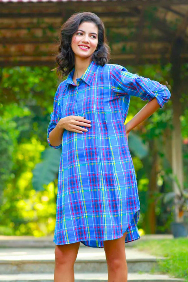 Pretty Blue Checks Maternity & Nursing Shirt Dress MOMZJOY.COM