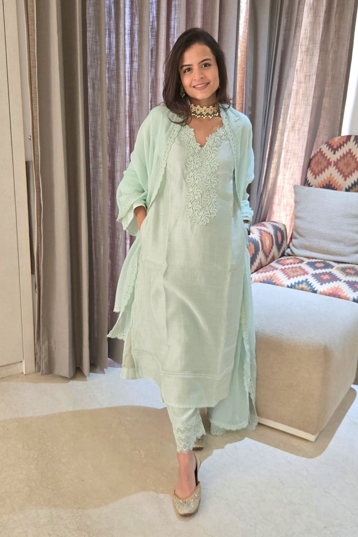 Light Green Maternity & Nursing Kurta + Bottom + Dupatta (3 Pc) momzjoy.com