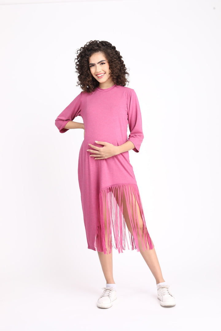 Sizzling Dusty Pink Maternity Fringe Dress MOMZJOY.COM