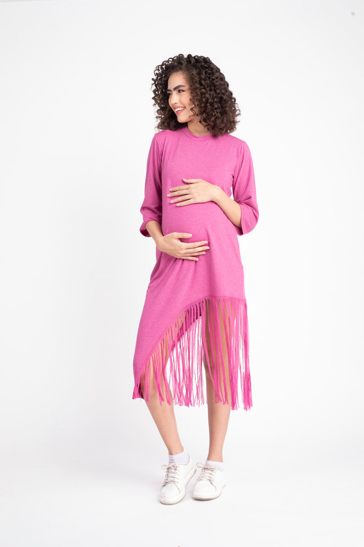 Sizzling Dusty Pink Maternity Fringe Dress MOMZJOY.COM