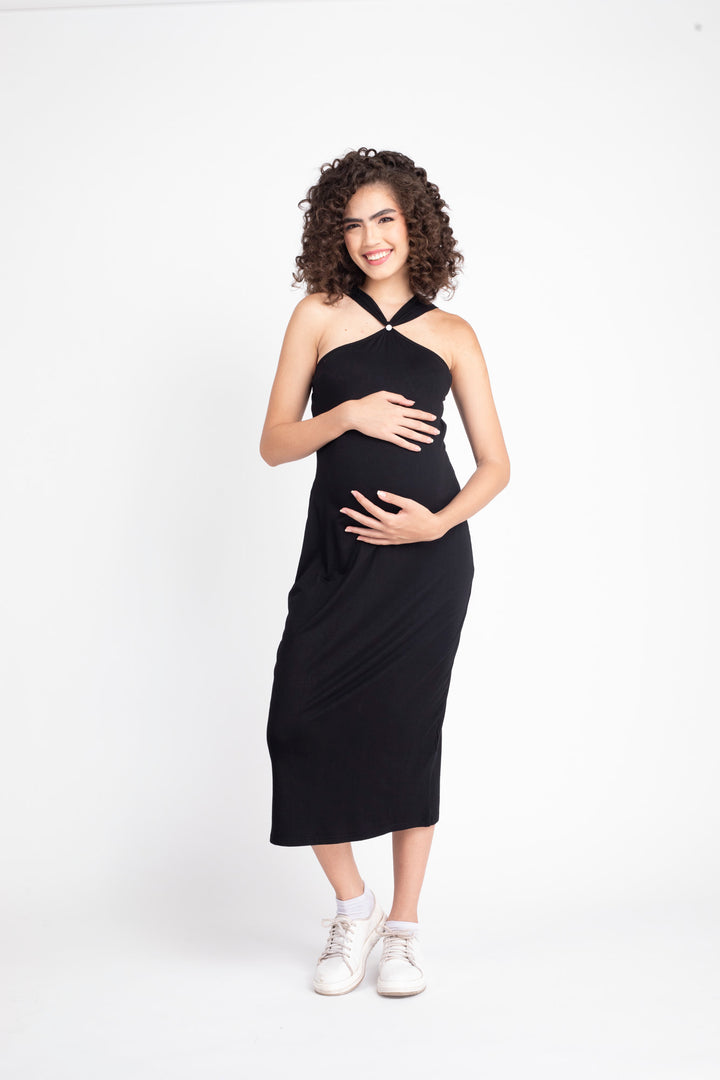 Classic Ribbed Black Maternity Fitted Dress MOMZJOY.COM