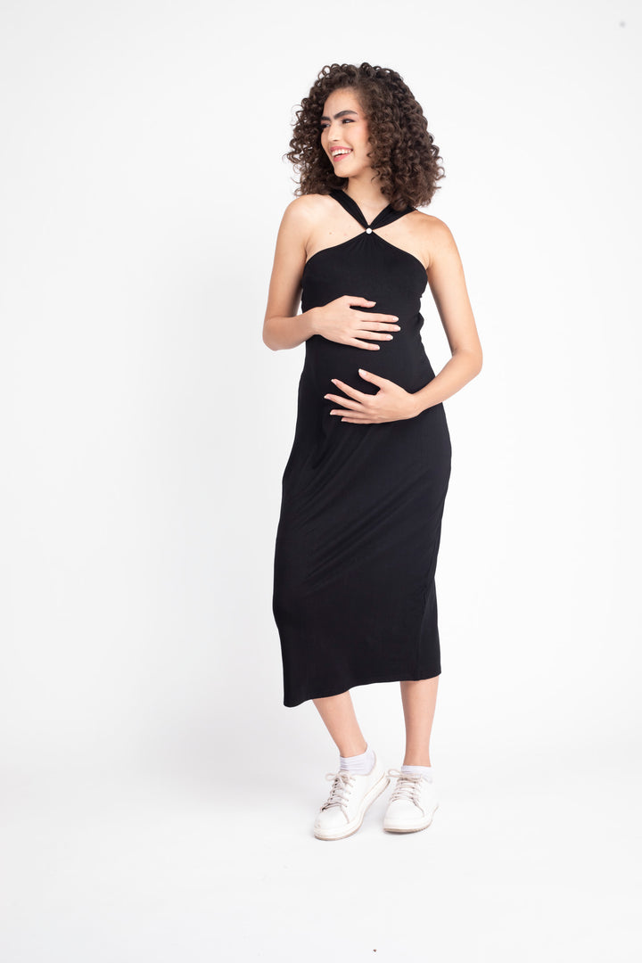 Classic Ribbed Black Maternity Fitted Dress MOMZJOY.COM