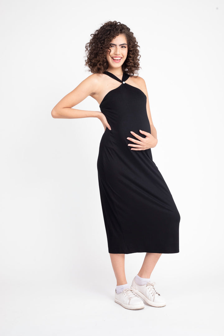 Classic Ribbed Black Maternity Fitted Dress MOMZJOY.COM