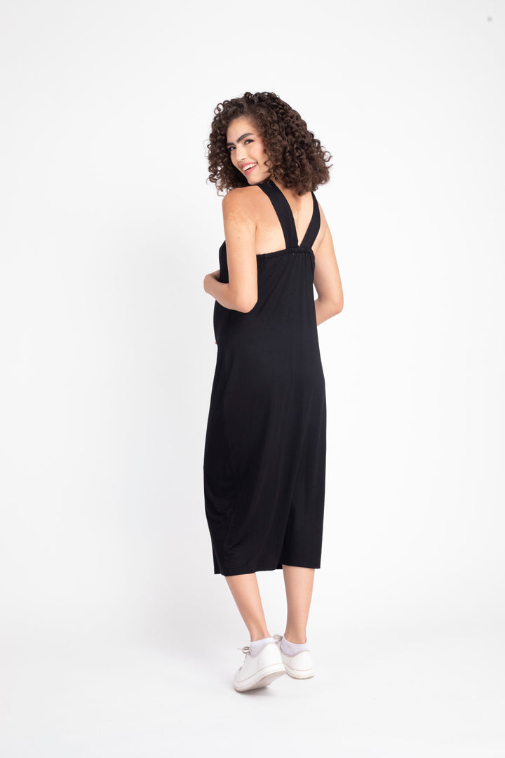 Classic Ribbed Black Maternity Fitted Dress MOMZJOY.COM