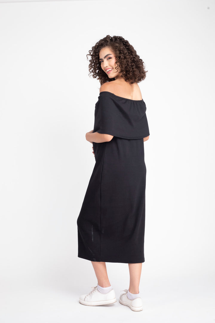 Glamorous Ribbed Black Maternity Bodycon Off-Shoulder Dress MOMZJOY.COM