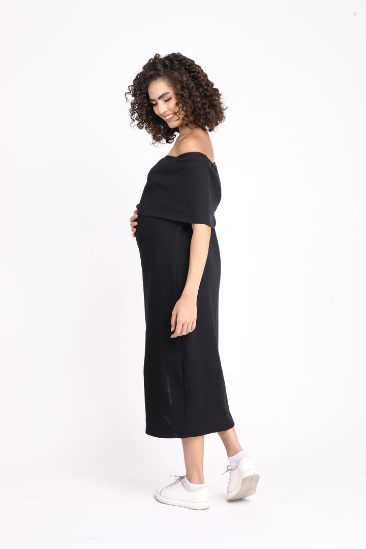 Glamorous Ribbed Black Maternity Bodycon Off-Shoulder Dress MOMZJOY.COM