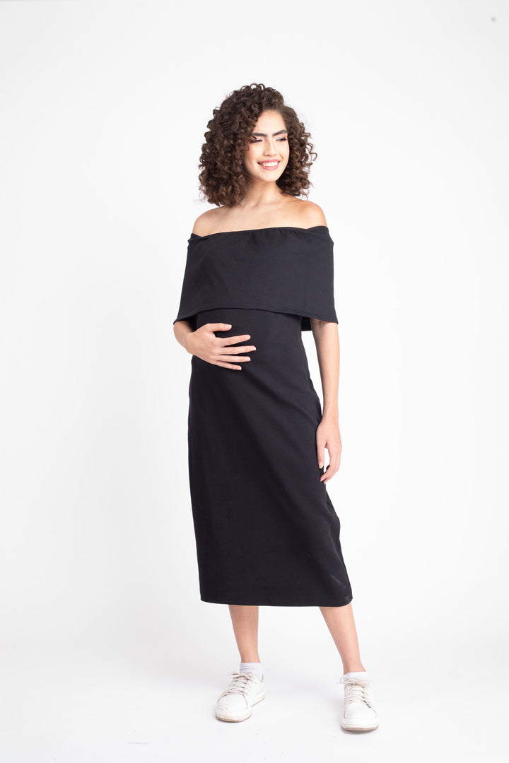 Glamorous Ribbed Black Maternity Bodycon Off-Shoulder Dress MOMZJOY.COM