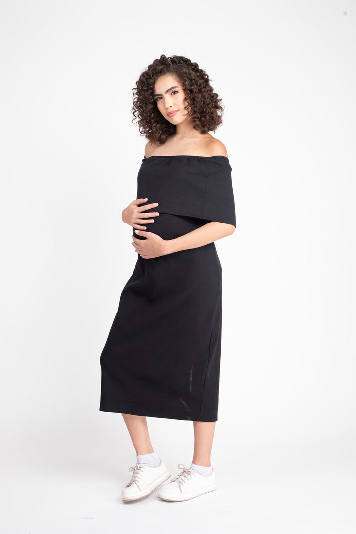 Glamorous Ribbed Black Maternity Bodycon Off-Shoulder Dress MOMZJOY.COM