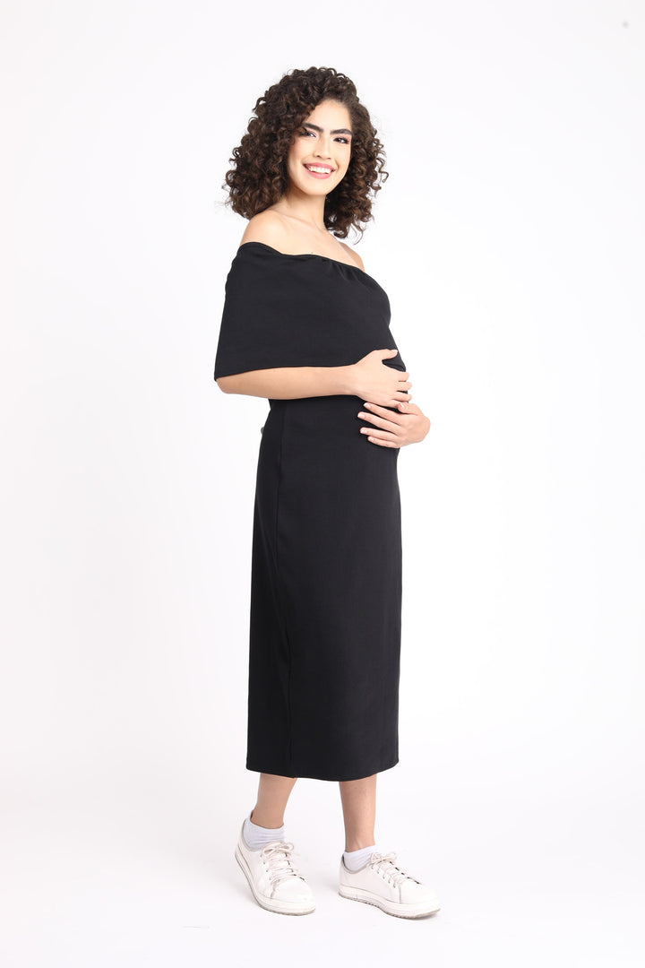 Glamorous Ribbed Black Maternity Bodycon Off-Shoulder Dress MOMZJOY.COM