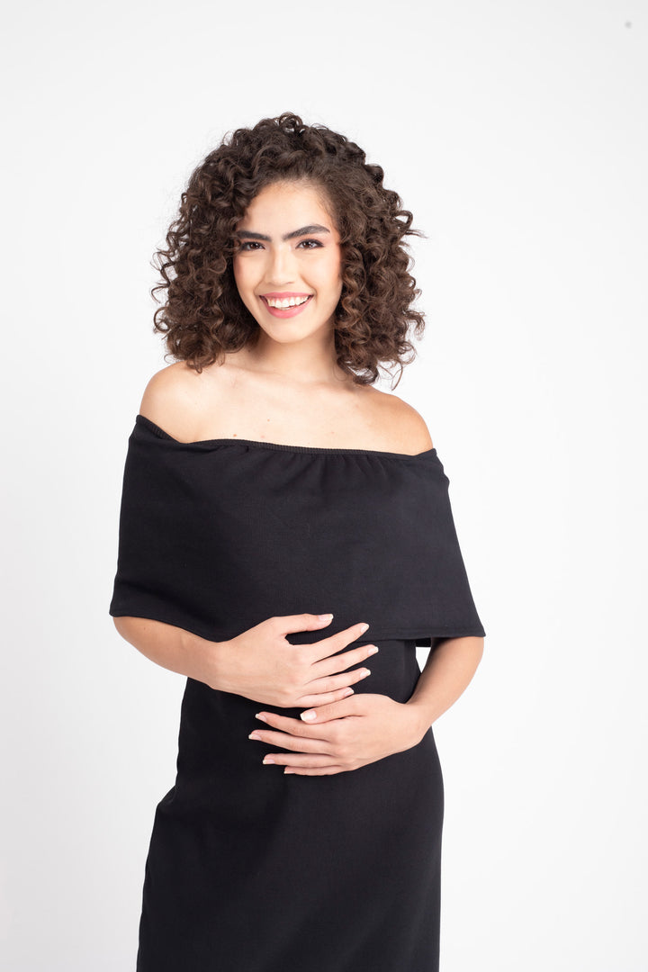 Glamorous Ribbed Black Maternity Bodycon Off-Shoulder Dress MOMZJOY.COM