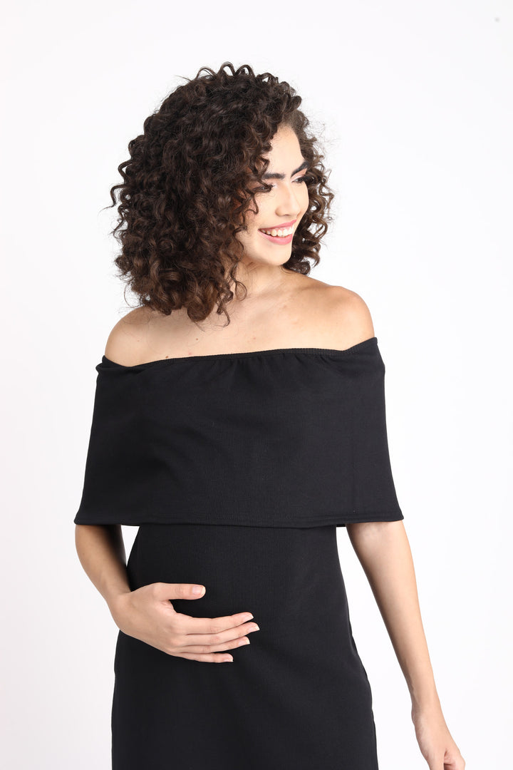 Glamorous Ribbed Black Maternity Bodycon Off-Shoulder Dress MOMZJOY.COM