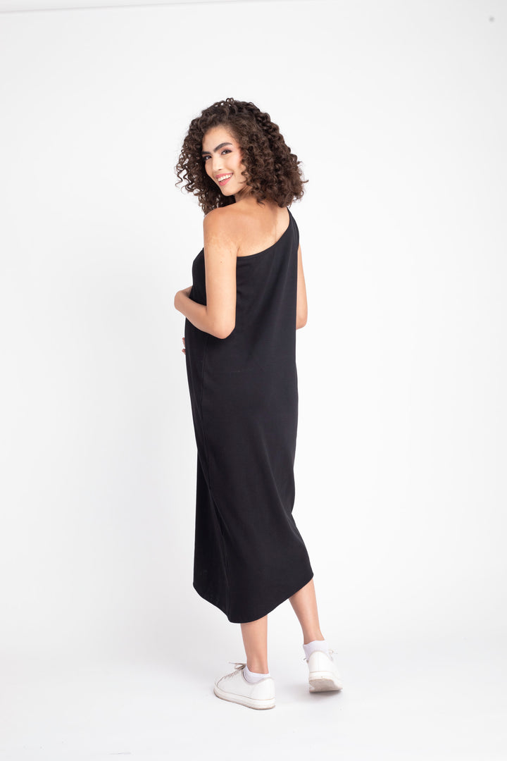 Warm Black Maternity One Shoulder Bodycon Dress MOMZJOY.COM