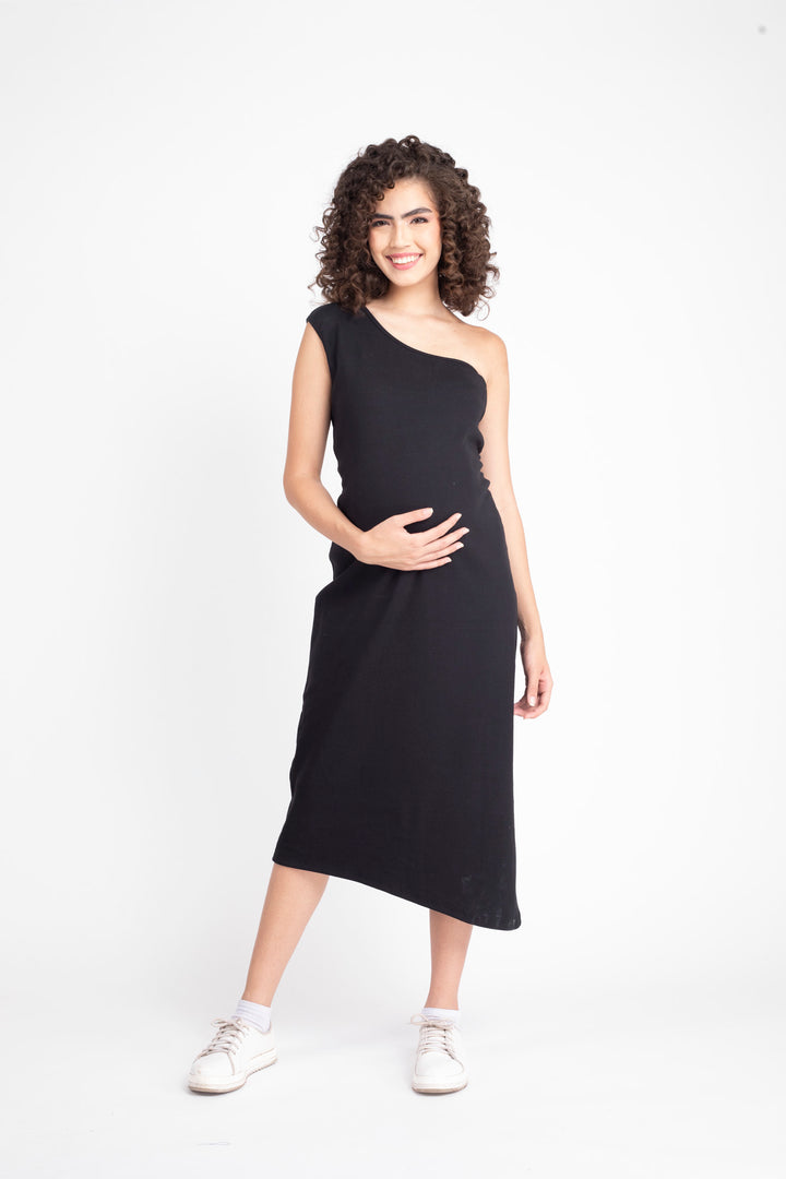 Warm Black Maternity One Shoulder Bodycon Dress MOMZJOY.COM