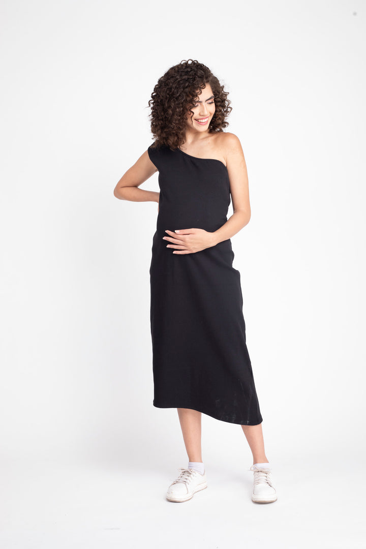 Warm Black Maternity One Shoulder Bodycon Dress MOMZJOY.COM