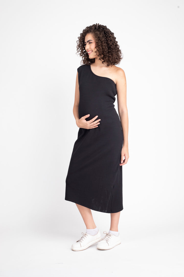 Warm Black Maternity One Shoulder Bodycon Dress MOMZJOY.COM