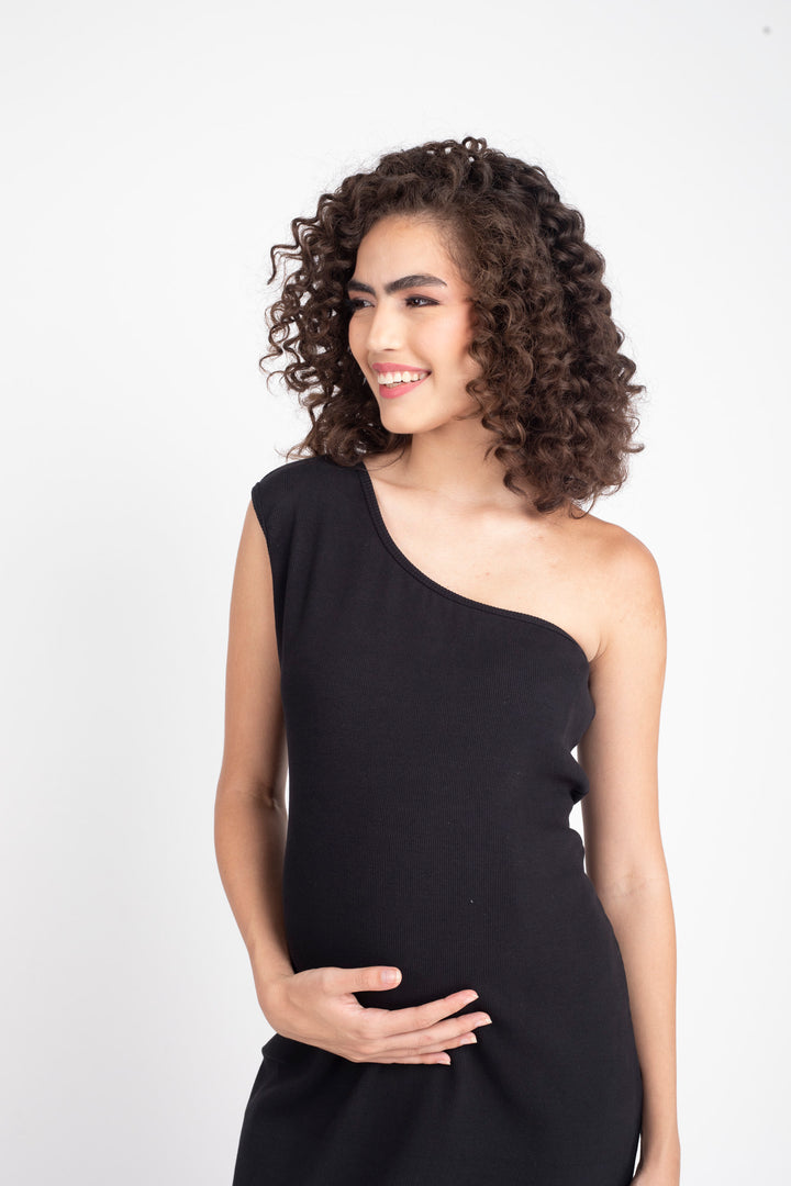 Warm Black Maternity One Shoulder Bodycon Dress MOMZJOY.COM