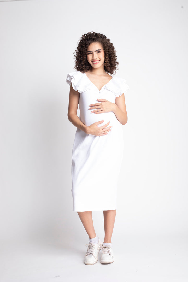 Charming White Maternity Bodycon Frill Dress MOMZJOY.COM