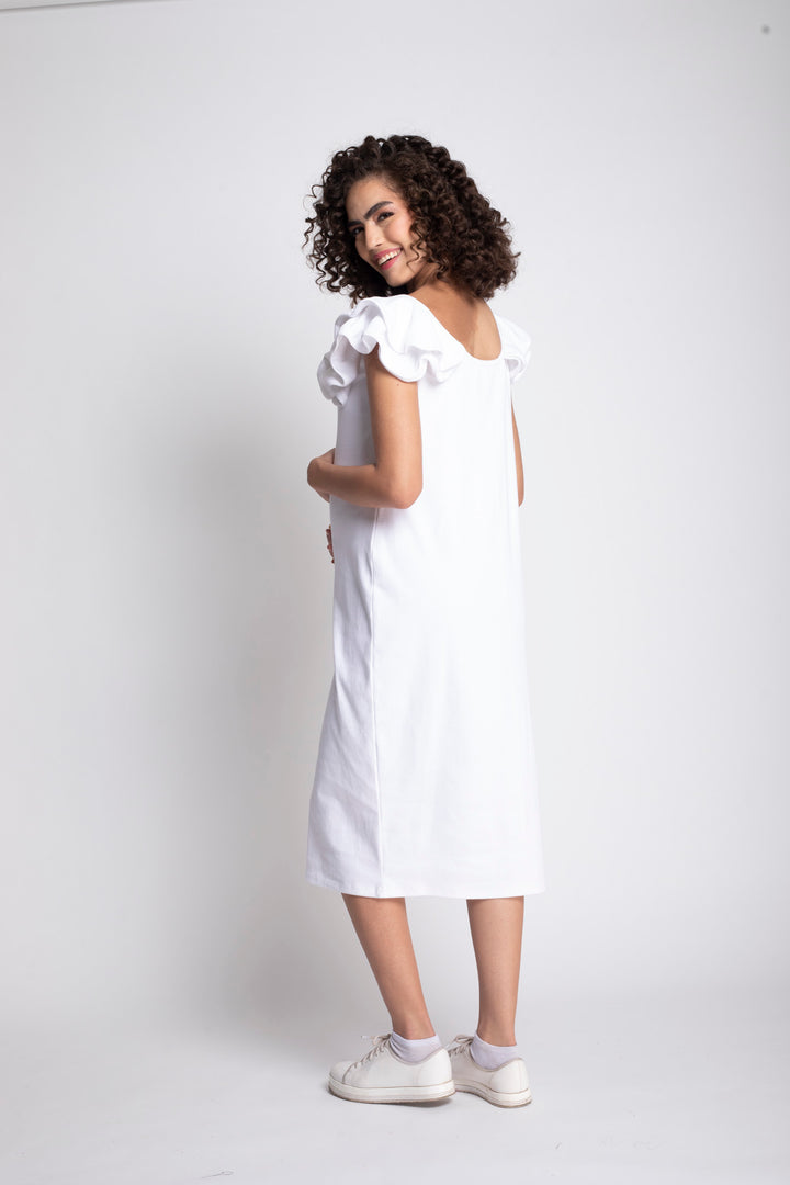 Charming White Maternity Bodycon Frill Dress MOMZJOY.COM