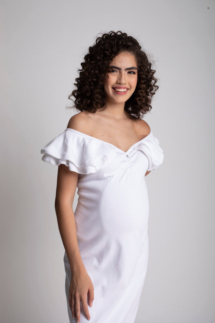 Charming White Maternity Bodycon Frill Dress MOMZJOY.COM