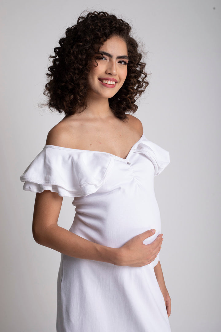 Charming White Maternity Bodycon Frill Dress MOMZJOY.COM