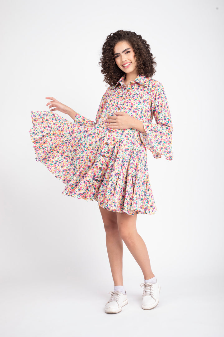 Colorful Pop Swing Maternity & Nursing Shirt Dress (100% Cotton) momzjoy.com