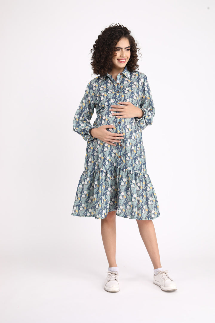 Daisy Green Maternity & Nursing Frill Shirt Dress momzjoy.com