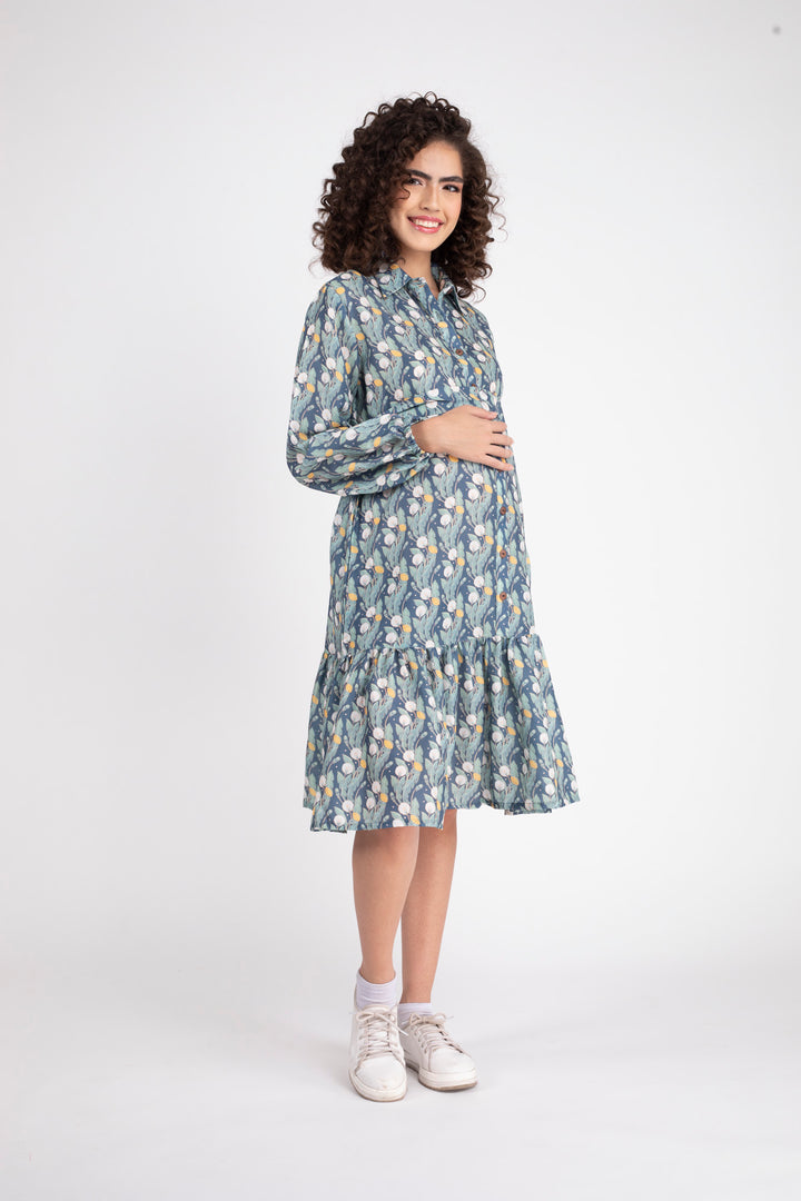 Daisy Green Maternity & Nursing Frill Shirt Dress momzjoy.com