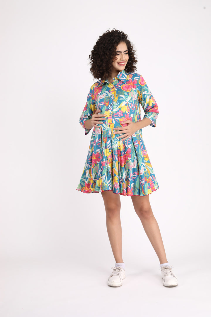 Swing Iris Blue Maternity & Nursing Shirt Dress (100% Cotton) momzjoy.com